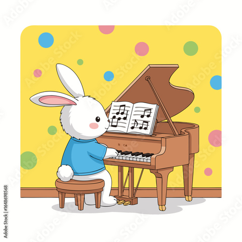 Adorable white bunny playing a grand piano with sheet music.