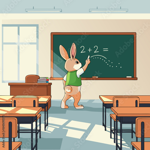 Anthropomorphic brown rabbit student in a green vest writing a math problem on a chalkboard.