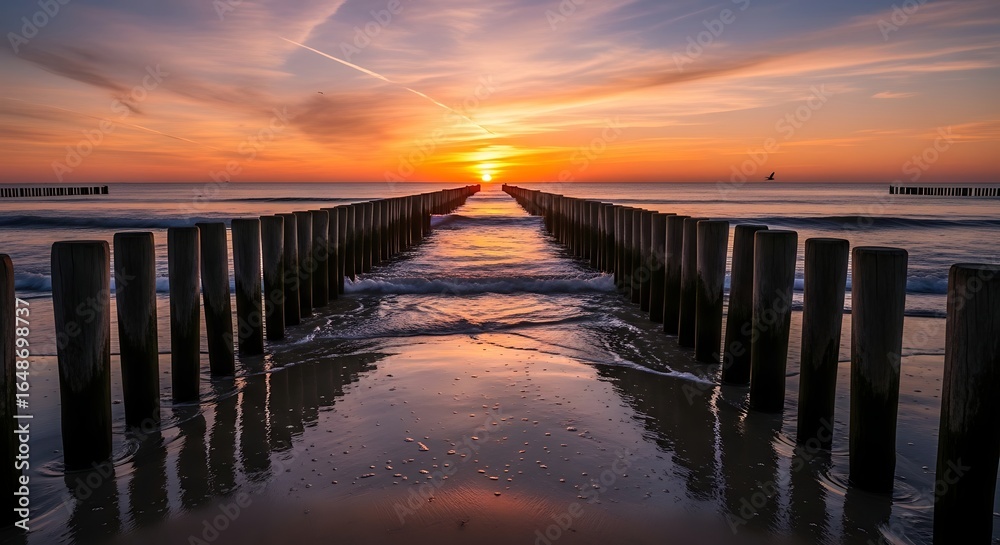 Obraz premium Serene seascape at sunset featuring wooden posts leading towards the horizon