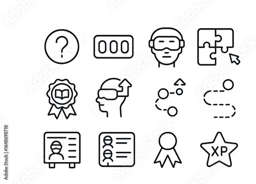 VR Education Icons. Outline vector icons of gamified education in VR: quiz token, score counter, learning