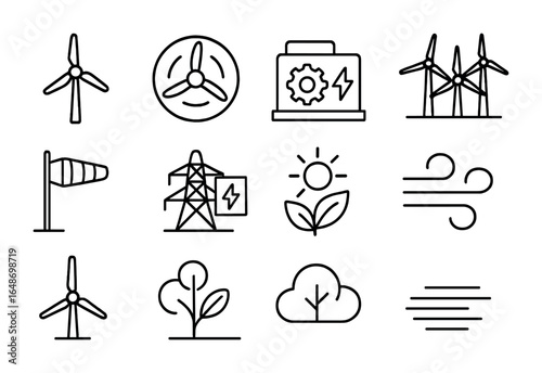 Wind Energy Icons. Outline vector icons of wind energy and turbines: wind turbine, spinning blades, generator