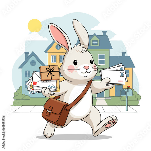 Cheerful cartoon rabbit mail carrier with red eyes happily delivering letters and a small package while wearing a brown satchel.