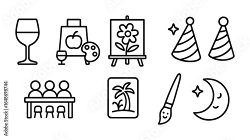 Themed Painting Night Icons. Outline vector icons of themed painting nights: wine glass, paint-and-sip setup,
