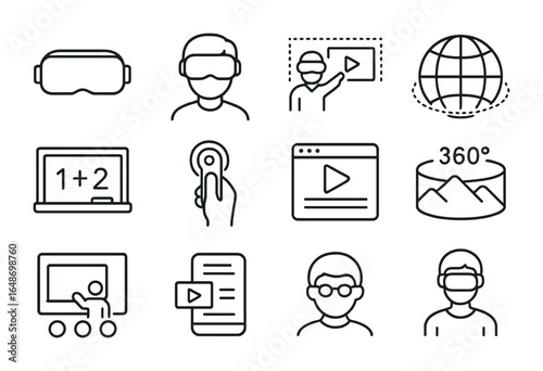 Virtual Reality Education Icons. Outline vector icons of virtual reality education: VR headset, student avatar
