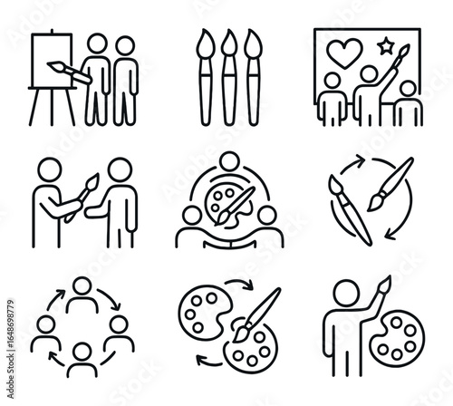 Collaborative Art Icons Grid. Outline vector icons of collaborative painting sessions: shared canvas, group