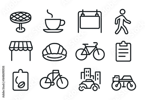 Cafe Icons Grid. Outline vector icons of street-side café seating: cobblestone table, espresso cup, café sign,