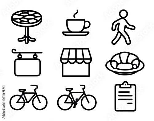 Cafe Icons Grid. Outline vector icons of street-side café seating: cobblestone table, espresso cup, café sign,