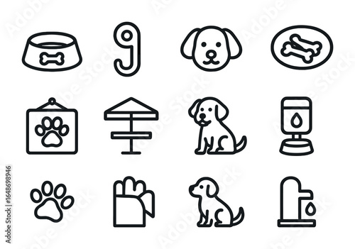 Dog-Friendly Cafe Icons. Outline vector icons of dog-friendly outdoor cafés: dog bowl, leash hook, pup icon,