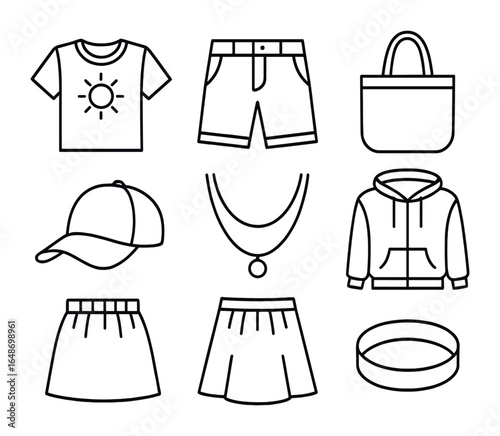 Summer Outfit Icons. Outline vector icons of casual summer outfits: graphic tee, chino shorts, canvas tote,