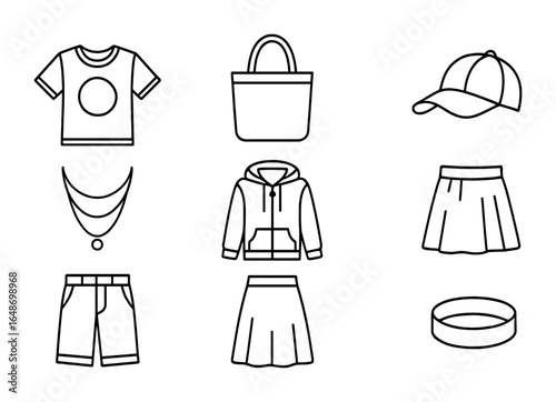 Summer Outfit Icons. Outline vector icons of casual summer outfits: graphic tee, chino shorts, canvas tote,
