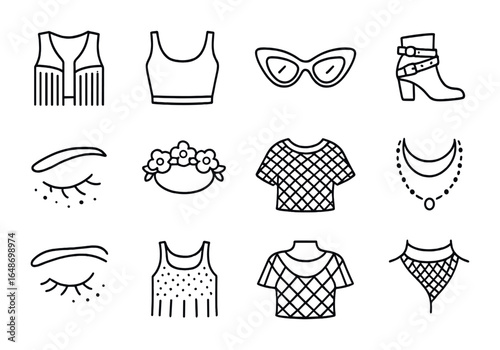 Festival Fashion Icons. Outline vector icons of festival fashion looks: fringe vest, crop top, statement