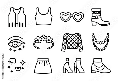 Festival Fashion Icons. Outline vector icons of festival fashion looks: fringe vest, crop top, statement