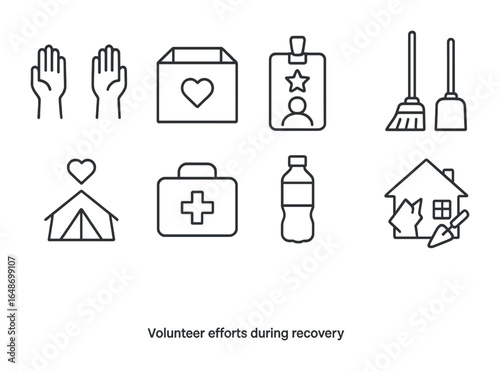 Volunteer Efforts Icons. Outline vector icons of volunteer efforts during recovery: helping hands, donation