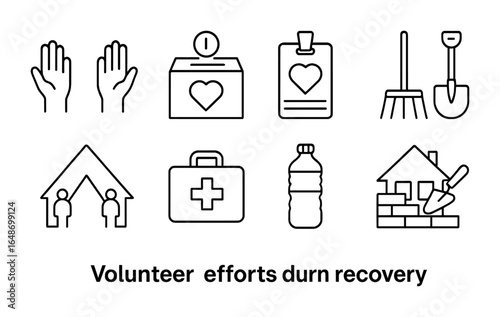 Volunteer Efforts Icons. Outline vector icons of volunteer efforts during recovery: helping hands, donation
