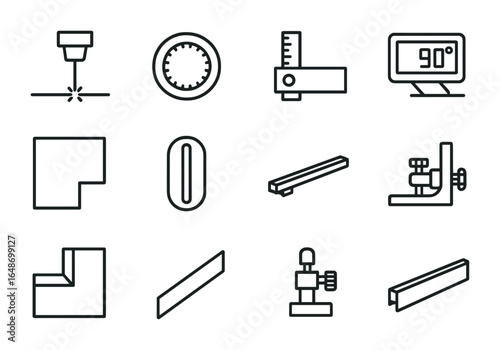 Precision Cutting Icons. Outline vector icons of precision cutting features: laser cut line, fine adjustment