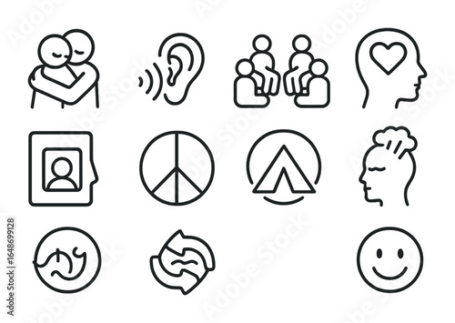 Emotional Support Icons. Outline vector icons of emotional support efforts: comforting hug, listening icon,