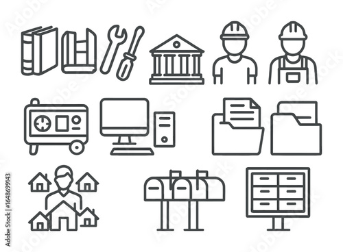 Rebuilding Community Icons. Outline vector icons of rebuilding community services: library tools, town hall