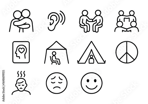 Emotional Support Icons. Outline vector icons of emotional support efforts: comforting hug, listening icon,