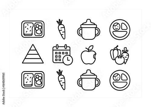 Child Nutrition Icons. Outline vector icons of child nutrition and habits: lunchbox, baby carrot, sippy cup,