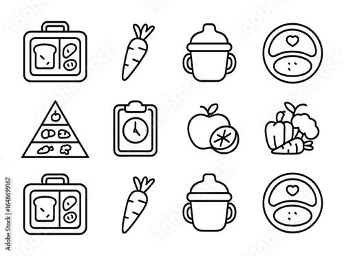 Child Nutrition Icons. Outline vector icons of child nutrition and habits: lunchbox, baby carrot, sippy cup,