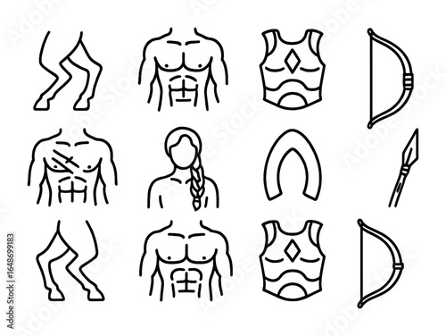 Centaur Warrior Icons. Outline vector icons of centaur warrior elements: horse legs, muscular torso, armored