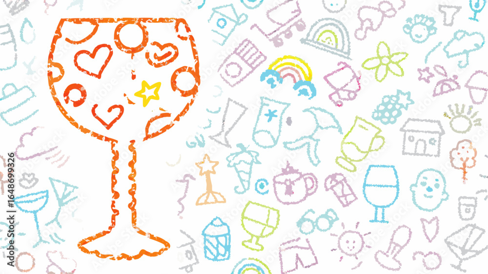Illustration featuring a wine glass filled with hearts and stars among other doodle drawings Illustration featuring a wine glass filled with hearts and stars among other doodle drawings