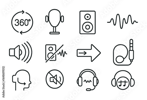Immersive Sound Icon Set. Outline vector icons of immersive sound design: 360° audio icon, binaural microphone