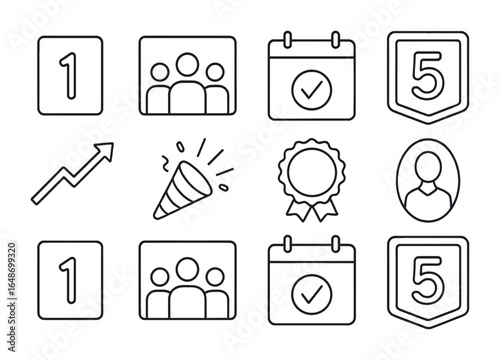 Office Milestone Icons. Outline vector icons of office milestone moments: year marker, team photo, calendar