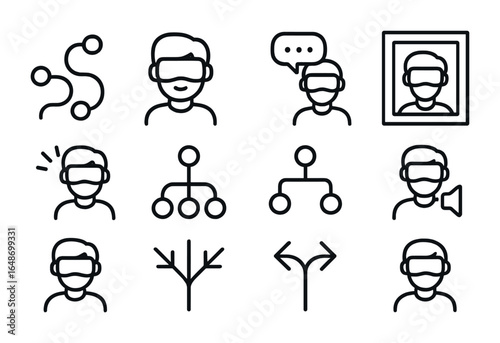 Immersive Storytelling Icons. Outline vector icons of immersive storytelling in VR: narrative path, 3D