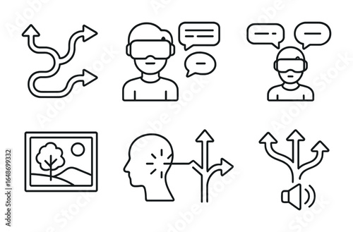 Immersive Storytelling Icons. Outline vector icons of immersive storytelling in VR: narrative path, 3D