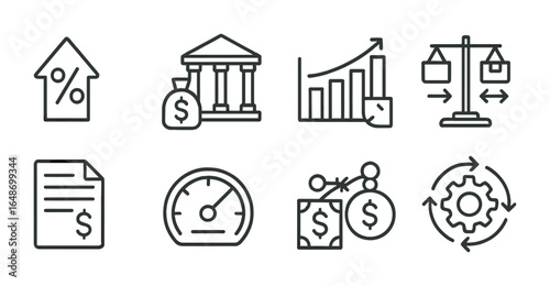 Economic Policy Icons. Outline vector icons of economic policies: interest rate icon, government spending,