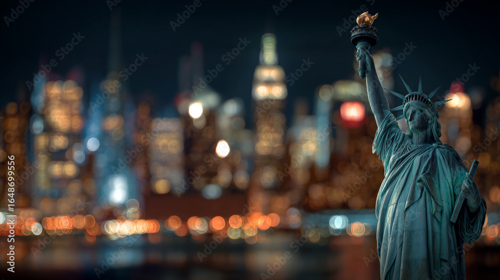 Fototapeta premium Close-Up Night View of Statue of Liberty with New York City Skyline. Generative AI