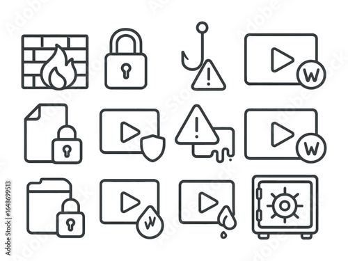 Cybersecurity Icon Set. Outline icon set of cybersecurity in media industry: firewall, padlock, phishing alert