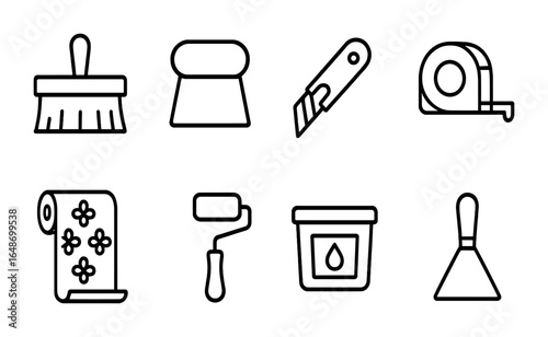 Wallpaper Tools Icons. Outline icon set of wallpaper application: adhesive brush, smoothing tool, wallpaper