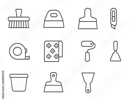 Wallpaper Tools Icons. Outline icon set of wallpaper application: adhesive brush, smoothing tool, wallpaper
