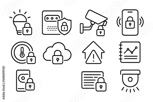 IoT Security Icons Grid. Outline icon set of IoT security in studios: smart light lock, speaker shield, CCTV