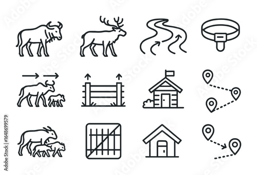 Mammal Migration Icons. Outline icon set of land mammal migration: wildebeest, caribou, savannah path,