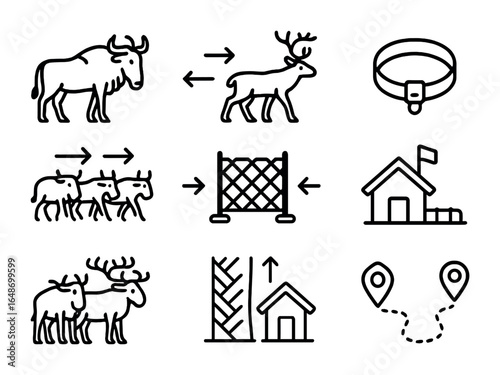Mammal Migration Icons. Outline icon set of land mammal migration: wildebeest, caribou, savannah path,