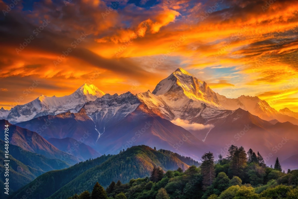 Obraz premium Majestic Snow-Capped Peaks at Sunset, Bathed in Golden Hues, Overlooking Lush Green Foliage