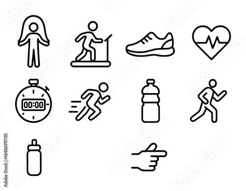 Cardio Coaching Icons. Outline icon set of cardio coaching in action: jump rope, treadmill, running shoes,