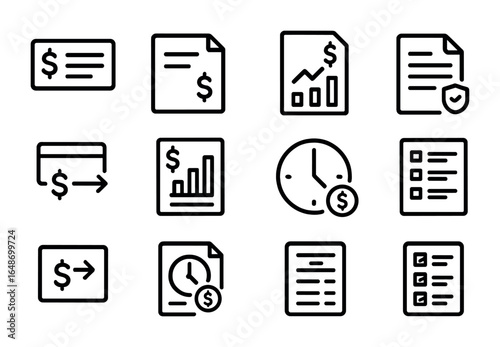 Income Tracking Icons. Outline icon set of income tracking: paycheck stub, freelance invoice, income graph,