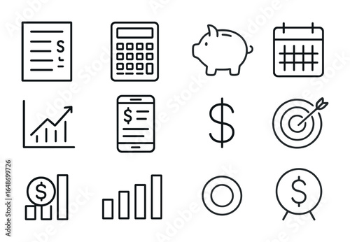 Financial Planning Icons. Outline icon set of financial planning basics: budget sheet, calculator, piggy bank,