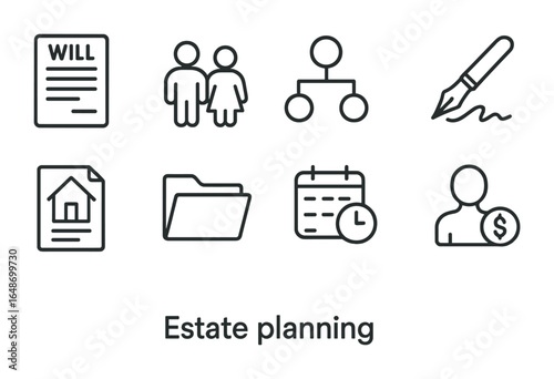 Estate Planning Icons. Outline icon set of estate planning: legal will, family icon, inheritance chart,