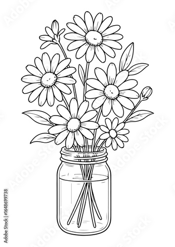 Coloring Book Flower, Charming daisies in a round vase, drawn with fine black and white lines for coloring fun.