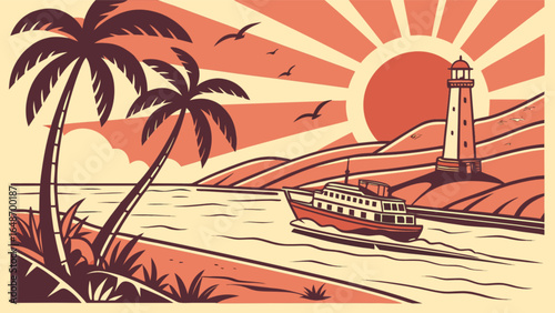 Tropical island vacation scenic landscape with palm trees lighthouse and cruise ship vector illustration