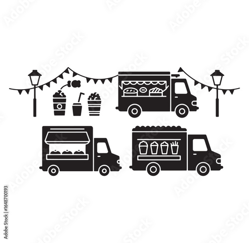 Simple black and white street food truck silhouettes festival banner design elements