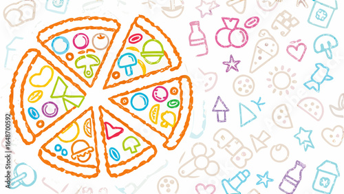 Colorful pizza slices arranged in a circle with various toppings and food icons background design
