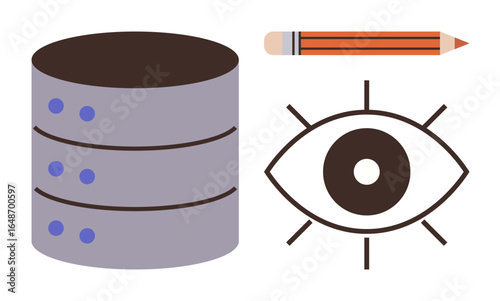 Stack of database disks, open eye, and pencil representing data storage, vision, and creativity. Ideal for technology, analytics, design monitoring innovation insight strategy. Simple flat
