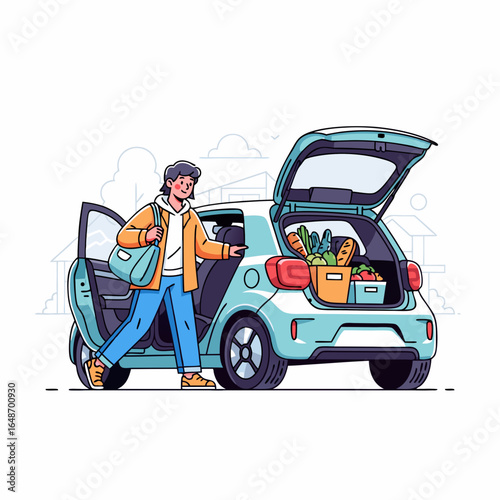 Vector illustration of a person standing beside an open car trunk filled with groceries, holding a bag, preparing to load or unload. Depicts daily routine and modern lifestyle.