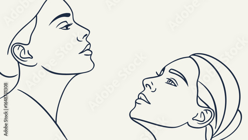 Line art drawing of two women looking up vector illustration for beauty and fashion design concept art